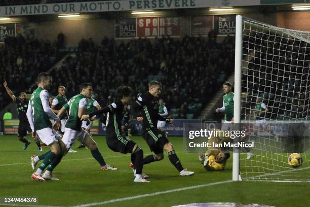 Cameron Carter-Vickers of Celtic scores his side's 2nd goal during the Cinch Scottish Premiership match between Hibernian FC and Celtic FC at on...
