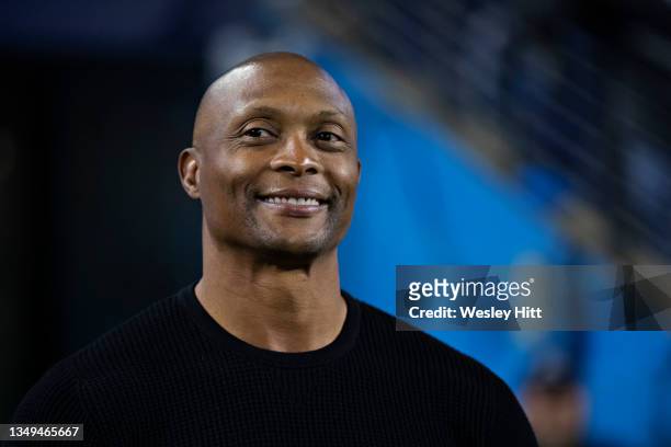 Former running back Eddie George of the Tennessee Titans watching the game from the sidelines during a game against the Buffalo Bills at Nissan...