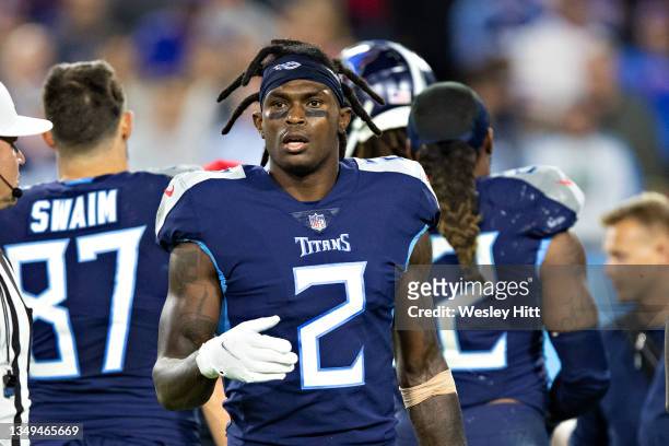 Julio Jones of the Tennessee Titans signals to the bench during a game against the Buffalo Bills at Nissan Stadium on October 18, 2021 in Nashville,...