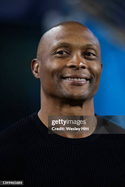 Former running back Eddie George of the Tennessee Titans watching the game from the sidelines during a game against the Buffalo Bills at Nissan...