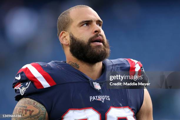 Lawrence Guy of the New England Patriots looks on after the game against the New York Jets at Gillette Stadium on October 24, 2021 in Foxborough,...