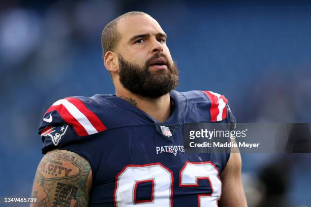 Lawrence Guy of the New England Patriots looks on after the game against the New York Jets at Gillette Stadium on October 24, 2021 in Foxborough,...