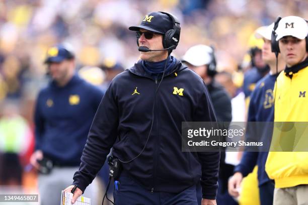 Head coach Jim Harbaugh of the Michigan Wolverines looks on while playing the Northwestern Wildcats at Michigan Stadium on October 23, 2021 in Ann...