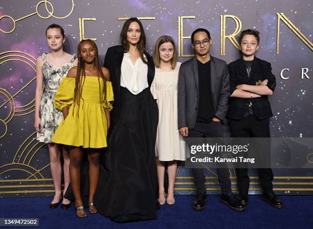 Shiloh Jolie-Pitt, Zahara Jolie-Pitt, Angelina Jolie, Vivienne Jolie-Pitt, Maddox Jolie-Pitt and Knox Jolie-Pitt attend the "Eternals" UK Premiere at...