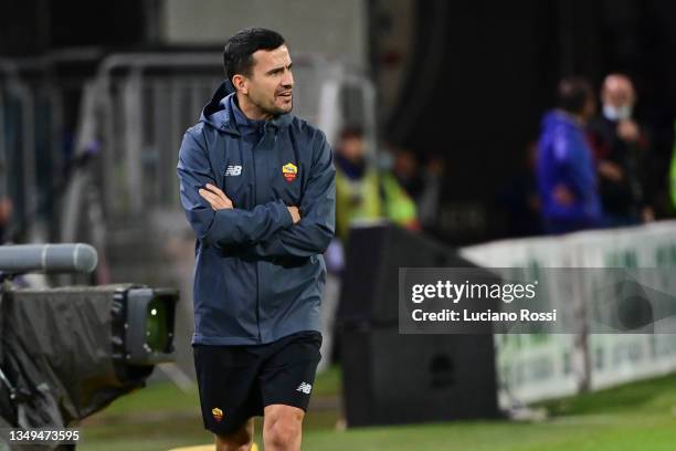 Roma coach Joao Sacramento during the Serie A match between Cagliari Calcio and AS Roma at Sardegna Arena on October 27, 2021 in Cagliari, Italy.