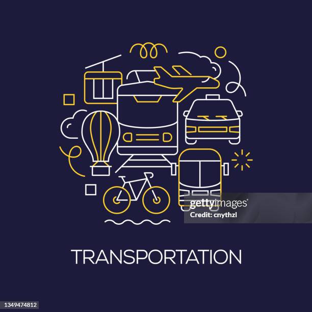 stockillustraties, clipart, cartoons en iconen met vector set of illustration transportation concept. line art style background design for web page, banner, poster, print etc. vector illustration. - airplane with banner