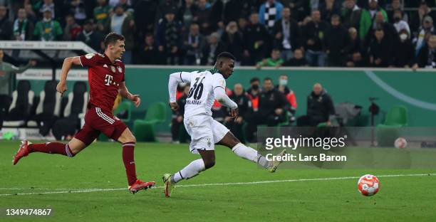 Breel Embolo of Borussia Moenchengladbach celebrates after scoring their team's fifth goal during the DFB Cup second round match between Borussia...