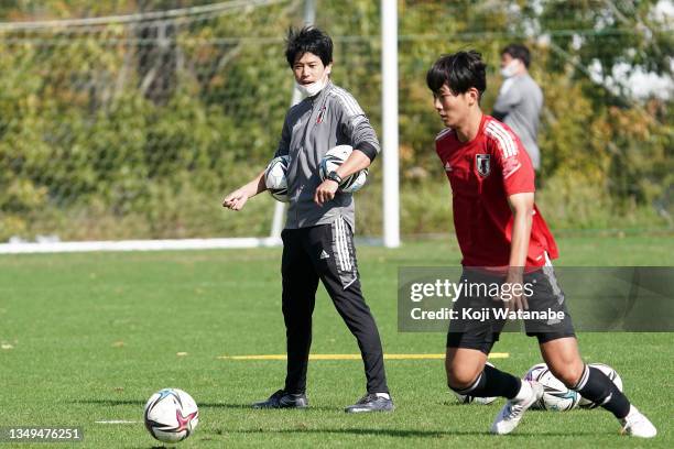 Japan Coach Atsuto Uchida looks on during the Japan U-23 training session at J-Village on October 27, 2021 in Hirono, Fukushima, Japan.