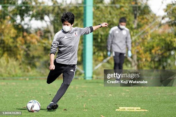 Japan Coach Atsuto Uchida in action during the Japan U-23 training session at J-Village on October 27, 2021 in Hirono, Fukushima, Japan.