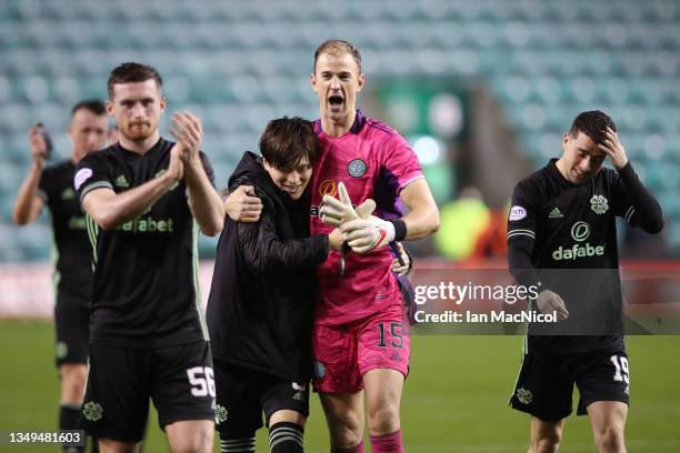 Joe Hart and Kyogo Furuhashi of Celtic celebrates after the Cinch Scottish Premiership match between Hibernian FC and Celtic FC at on October 27,...