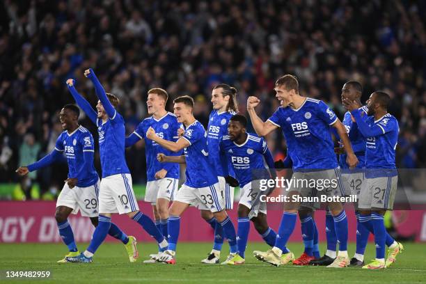 Leicester City players Patson Daka, James Maddison, Harvey Barnes, Luke Thomas, Caglar Soyuncu, Kelechi Iheanacho, Jannik Vestergaard, Boubakary...