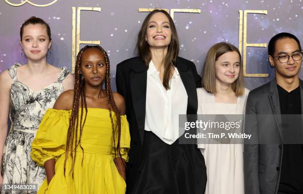Shiloh Jolie-Pitt, Zahara Jolie-Pitt, Angelina Jolie, Vivienne Jolie-Pitt and Maddox Jolie-Pitt attend the "Eternals" UK Premiere at the BFI IMAX...