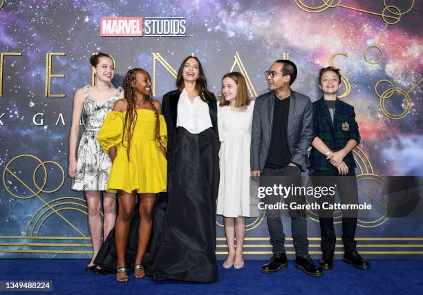 Shiloh Jolie-Pitt, Zahara Jolie-Pitt, Angelina Jolie, Vivienne Jolie-Pitt, Maddox Jolie-Pitt and Knox Jolie-Pitt attending the UK Gala screening of...