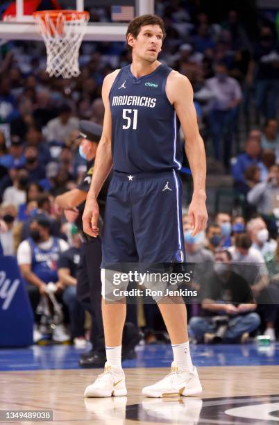 Boban Marjanovic of the Dallas Mavericks plays against the Houston Rockets in the first half at American Airlines Center on October 26, 2021 in...