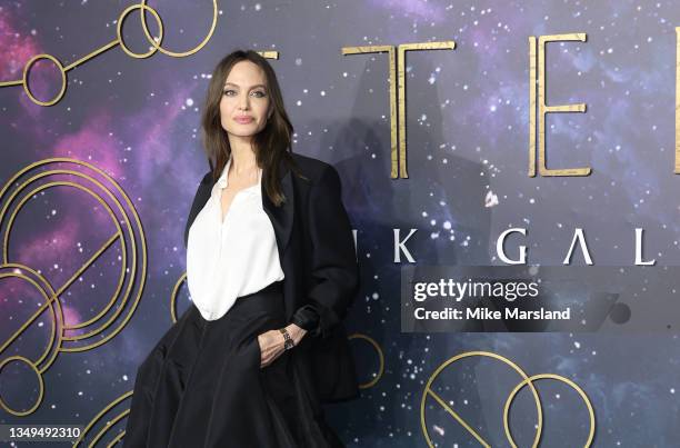 Angelina Jolie attends the "Eternals" UK Premiere at BFI IMAX Waterloo on October 27, 2021 in London, England.