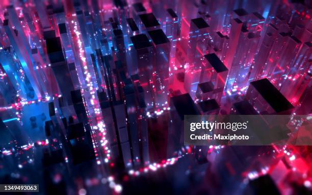 cyberpunk metropolis at night, with rain and neon lights - abstract cityscape stockfoto's en -beelden