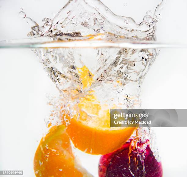 fruits and vegetables immersed in water - allium flower imagens e fotografias de stock