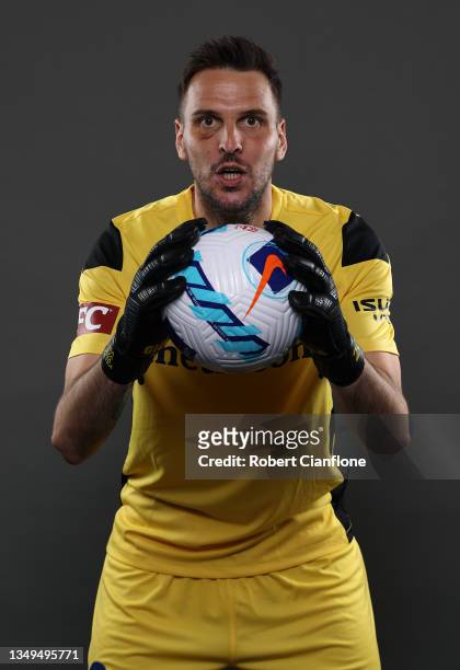 Victory goalkeeper Ivan Kelava poses during a Melbourne Victory Men's A-League Headshots Session at AAMI Park on October 21, 2021 in Melbourne,...