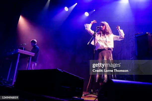 Taylor Skye and Georgia Ellery of Jockstrap perform at Islington Assembly Hall on October 27, 2021 in London, England.