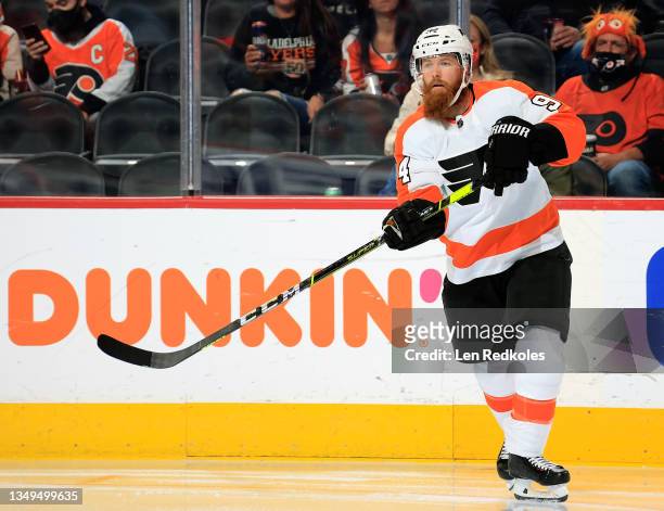 Ryan Ellis of the Philadelphia Flyers completes a pass against the Boston Bruins at the Wells Fargo Center on October 20, 2021 in Philadelphia,...