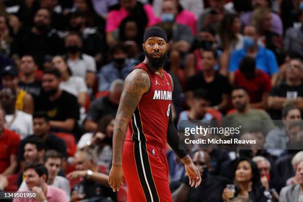 Markieff Morris of the Miami Heat looks on against the Milwaukee Bucks at FTX Arena on October 21, 2021 in Miami, Florida. NOTE TO USER: User...
