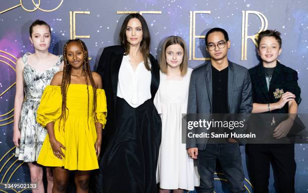 Shiloh Jolie-Pitt, Zahara Jolie-Pitt, Angelina Jolie, Vivienne Jolie-Pitt, Maddox Jolie-Pitt and Knox Jolie-Pitt attends the "The Eternals" UK...