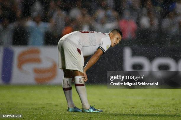 Marlon of Fluminense reacts after a match between Santos and Fluminense as part of Brasileirao 2021 at Vila Belmiro Stadium on October 27, 2021 in...