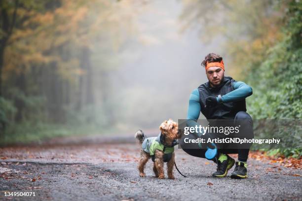 atleta e seu cão fazem uma pausa e usam tecnologia durante a corrida durante a temporada de outono. - autumn dog - fotografias e filmes do acervo