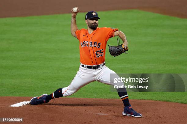 Jose Urquidy of the Houston Astros delivers the first pitch of Game Two of the World Series against the Atlanta Braves at Minute Maid Park on October...