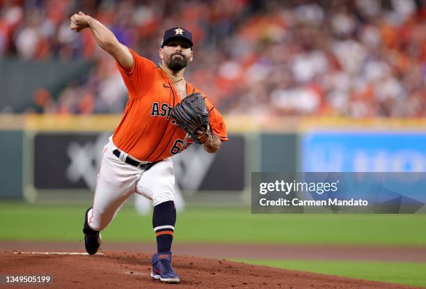 Jose Urquidy of the Houston Astros delivers the pitch against the Atlanta Braves during the first inning in Game Two of the World Series at Minute...