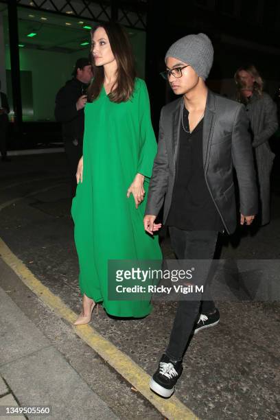 Angelina Jolie and Maddox Chivan Jolie-Pitt seen attending The Eternals - UK film premiere afterparty at Maison Estelle on October 27, 2021 in...