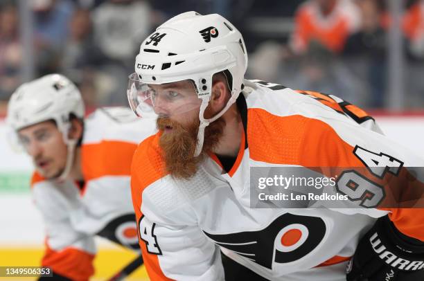 Ryan Ellis of the Philadelphia Flyers looks on against the Boston Bruins at the Wells Fargo Center on October 20, 2021 in Philadelphia, Pennsylvania.