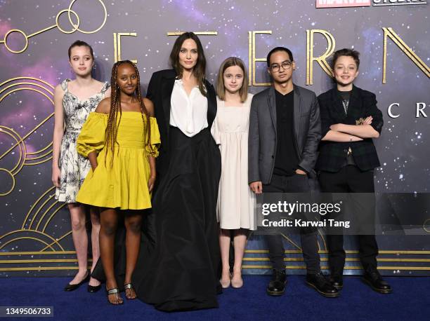 Shiloh Jolie-Pitt, Zahara Jolie-Pitt, Angelina Jolie, Vivienne Jolie-Pitt, Maddox Jolie-Pitt and Knox Jolie-Pitt attend the "The Eternals" UK...