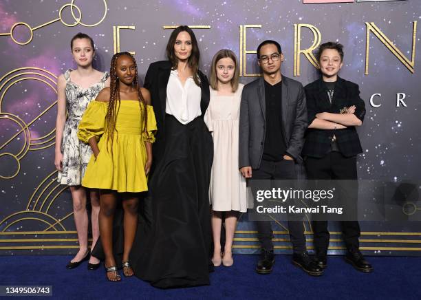 Shiloh Jolie-Pitt, Zahara Jolie-Pitt, Angelina Jolie, Vivienne Jolie-Pitt, Maddox Jolie-Pitt and Knox Jolie-Pitt attend the "The Eternals" UK...