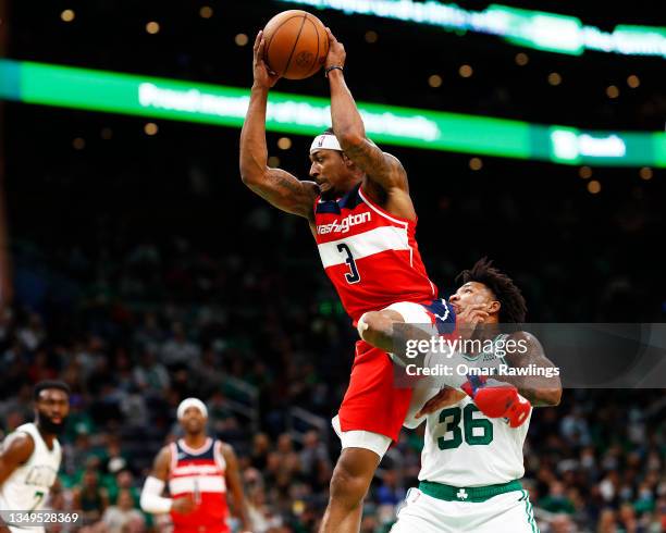 Bradley Beal of the Washington Wizards rebounds during the second quarter of the game against the Boston Celtics at TD Garden on October 27, 2021 in...