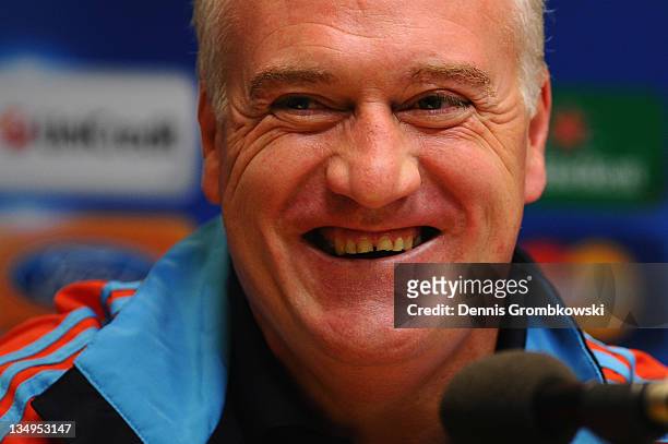 Head coach Didier Deschamps of Marseille smiles during a press conference ahead of their UEFA Champions League group F match against Borussia...