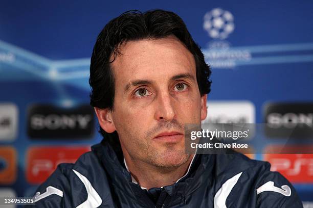 Unai Emery of Valencia talks to the media during a press conference ahead of the UEFA Champions League Group E match between Chelsea and Valencia at...