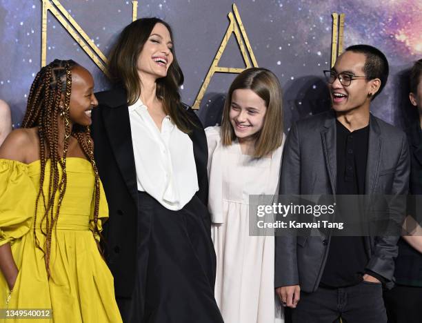 Zahara Jolie-Pitt, Angelina Jolie, Vivienne Jolie-Pitt and Maddox Jolie-Pitt attend the "The Eternals" UK Premiere at BFI IMAX Waterloo on October...