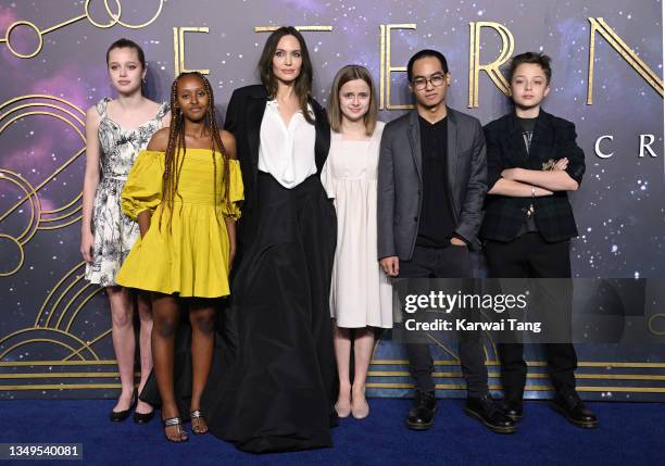 Shiloh Jolie-Pitt, Zahara Jolie-Pitt, Angelina Jolie, Vivienne Jolie-Pitt, Maddox Jolie-Pitt and Knox Jolie-Pitt attend the "The Eternals" UK...