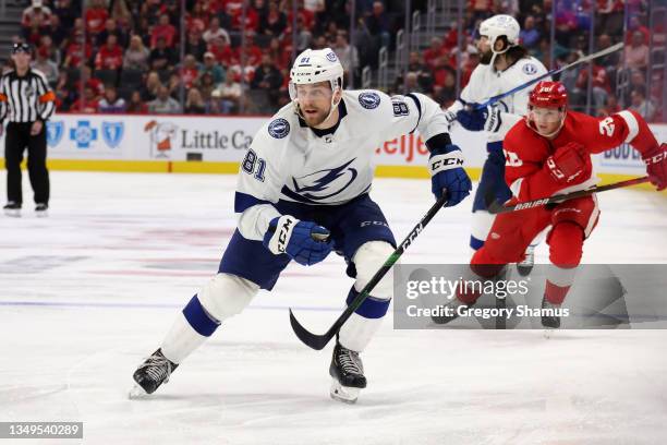 Erik Cernak of the Tampa Bay Lightning skates against the Detroit Red Wings at Little Caesars Arena on October 14, 2021 in Detroit, Michigan.