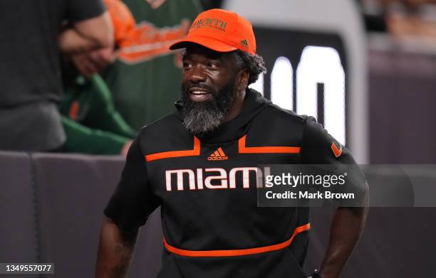 Safety and former Miami Hurricane Ed Redd attends the game between the Miami Hurricanes and the North Carolina State Wolfpack at Hard Rock Stadium on...