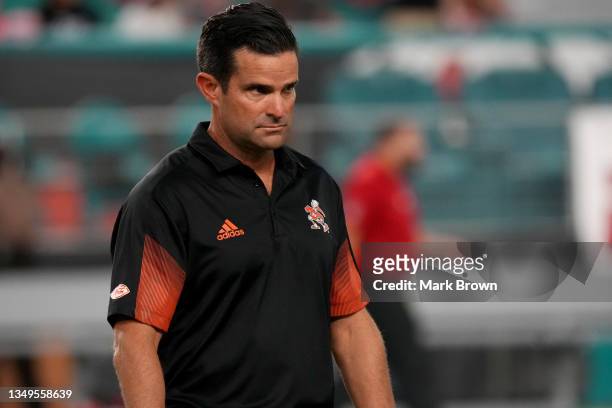 Head Coach Manny Diaz of the Miami Hurricanes in action against the North Carolina State Wolfpack at Hard Rock Stadium on October 23, 2021 in Miami...