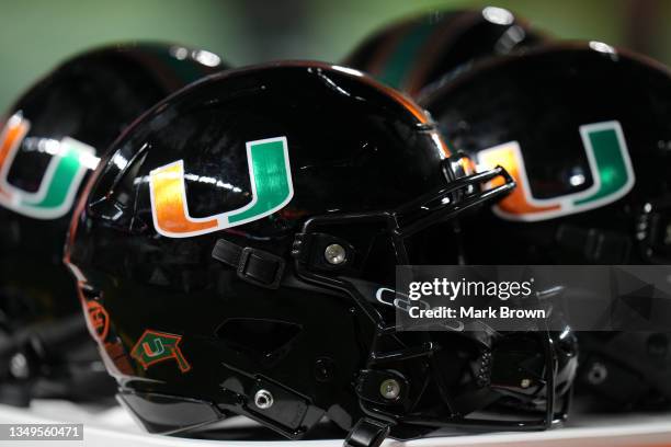 Detailed view of the Miami Nights 2.0 helmet for the game against the North Carolina State Wolfpack at Hard Rock Stadium on October 23, 2021 in Miami...