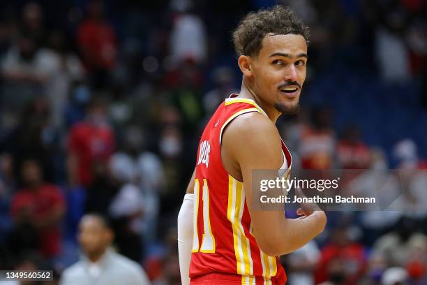 Trae Young of the Atlanta Hawks reacts after their win over the New Orleans Pelicans at the Smoothie King Center on October 27, 2021 in New Orleans,...