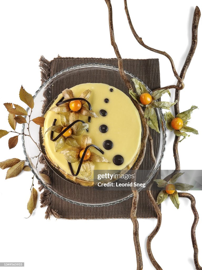 Food photography of layered homemade cake top view covered with white chocolate icing decorated with physalis berries and dark chocolate decor on white background isolated close up