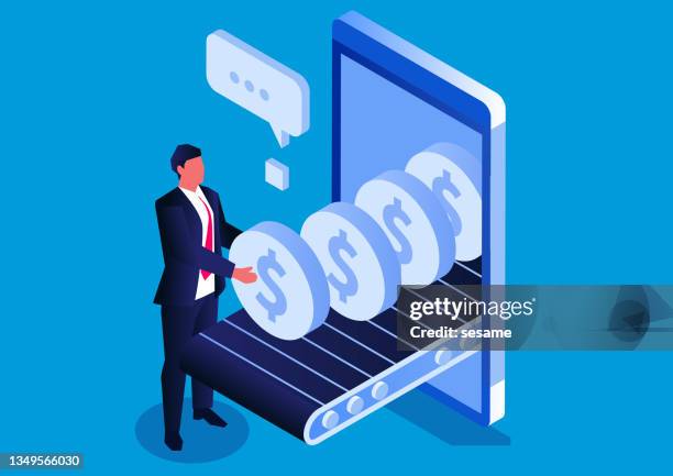 isometric businessman takes gold coins from the smartphone's conveyor belt, online investment and online payment. - online bank service stock illustrations