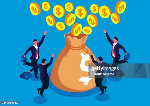 the business team cheered that the gold coins all flew into the money bag, the business team that succeeded in making money. - salary drop illustration stock illustrations