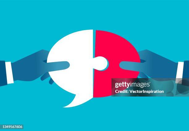 complete ideas and agreements, collaborate on ideas, reach agreement, and merge with some speech bubbles in hand. - two people stock illustrations