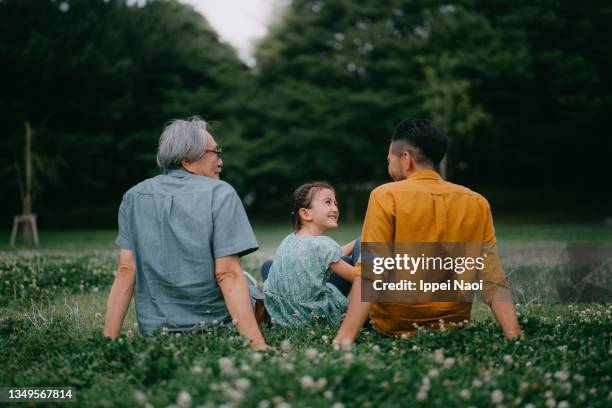 three generation family sitting on grass in park - next generation bildbanksfoton och bilder