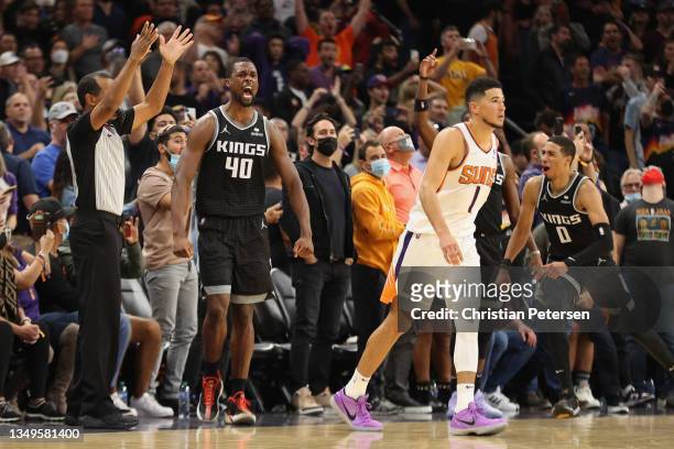 Harrison Barnes of the Sacramento Kings reacts after hitting the game-winning three-point shot over Devin Booker of the Phoenix Suns during the NBA...